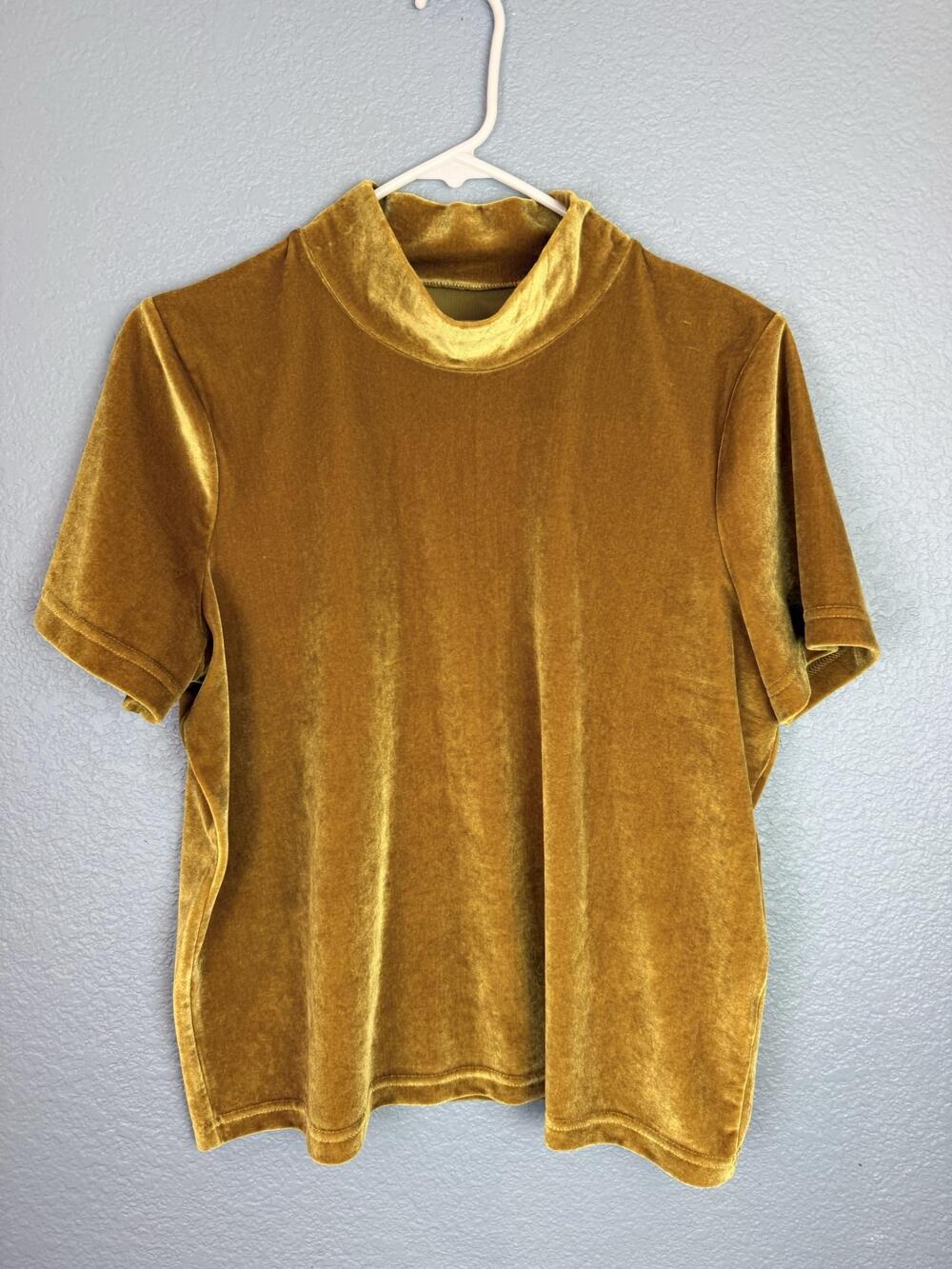 Madewell Shirt Womens Large Gold Velvet Mock Neck Short Sleeve Stretch Top